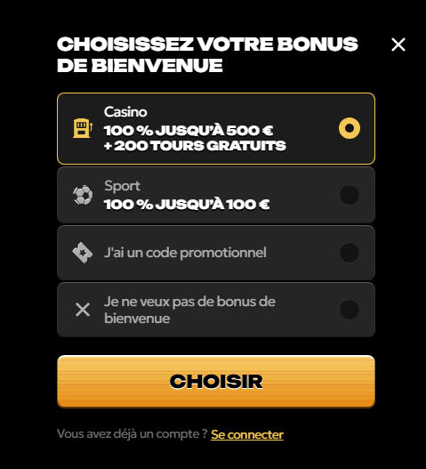 Écran de sélection du bonus de bienvenue avec offres casino et bouton Choisir