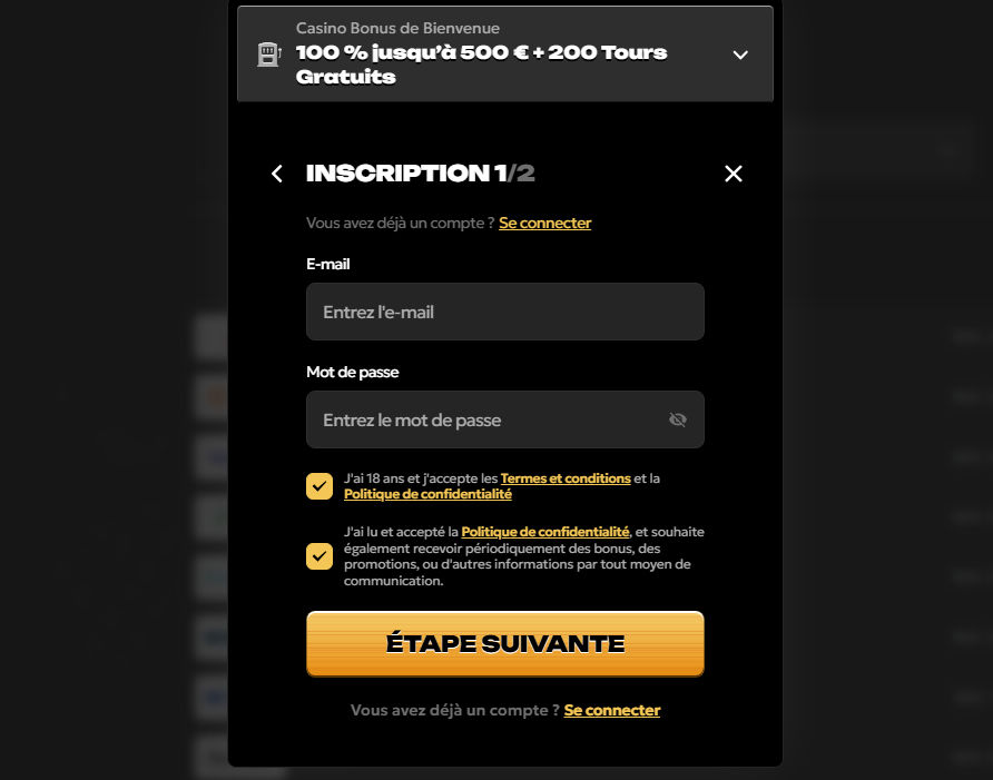 Formulaire d'inscription étape 1 sur 2 avec champs e-mail, mot de passe et cases de consentement