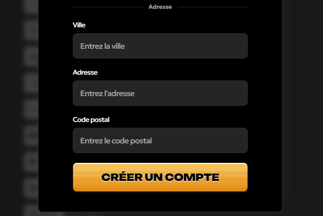 Formulaire d'adresse avec champs ville, adresse, code postal et bouton Créer un compte